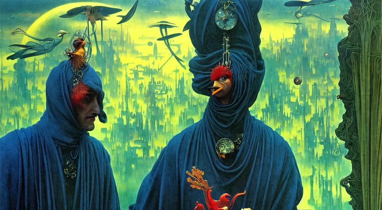 Image similar to realistic detailed portrait movie shot of a birdman wearing dark robes, sci fi city landscape background by denis villeneuve, amano, yves tanguy, alphonse mucha, ernst haeckel, max ernst, roger dean, masterpiece, rich moody colours, blue eyes, occult