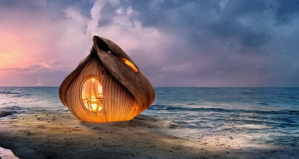 Prompt: seashell house, atmospheric cinematography