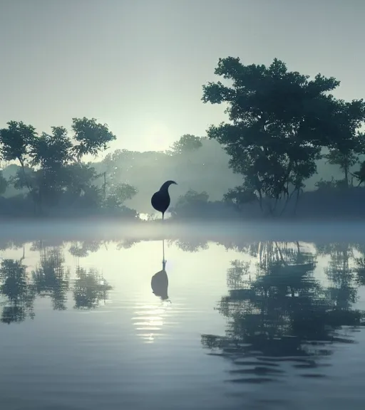 Prompt: the reflection of three crows standing in a boat in a swamp, volumetric lighting, fog, majestic light, octane render, ethereal glare of the sun, hyperrealistic, epic, masterpiece, by makoto shinkai