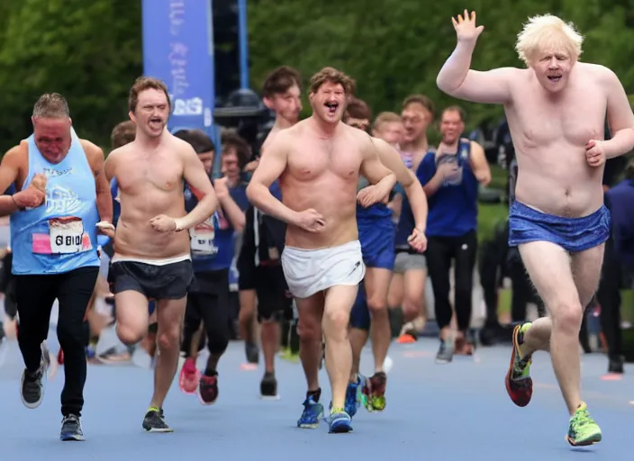 Prompt: shirtless, hairy, boris johnson running marathon, hands in air