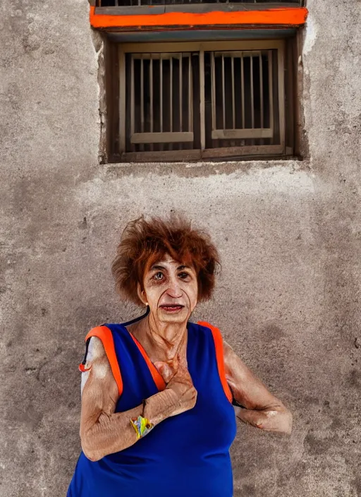 Image similar to Mid-shot portrait of a 65-year-old woman from Cyprus, happy, strong blue and orange colors, candid street portrait in the style of Martin Schoeller award winning, Sony a7R