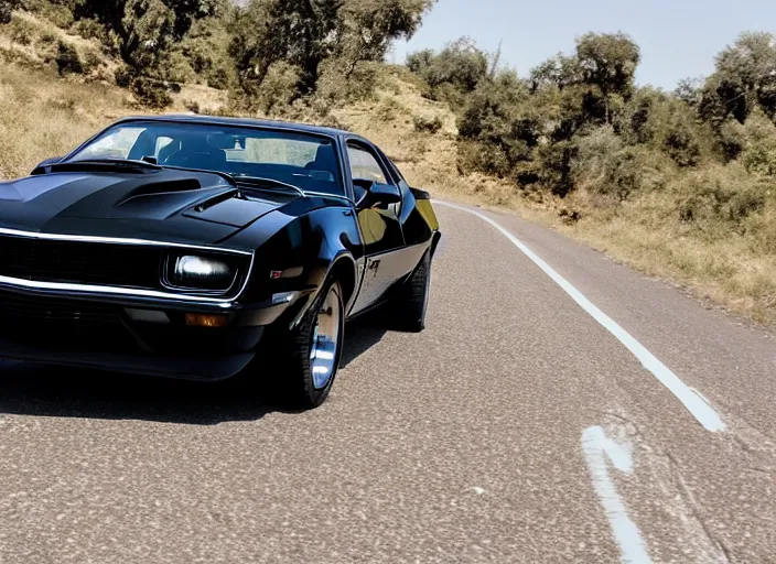 Image similar to retro picture of a black camaro mach 1, chased by a white police car on a dusty road, sunny day