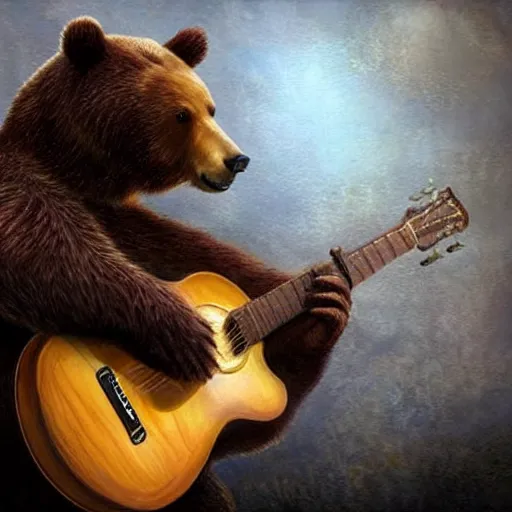 Image similar to realistic bear playing guitar in Subway, fantasy, epic detail, sharp, photorealistic, atmospheric,