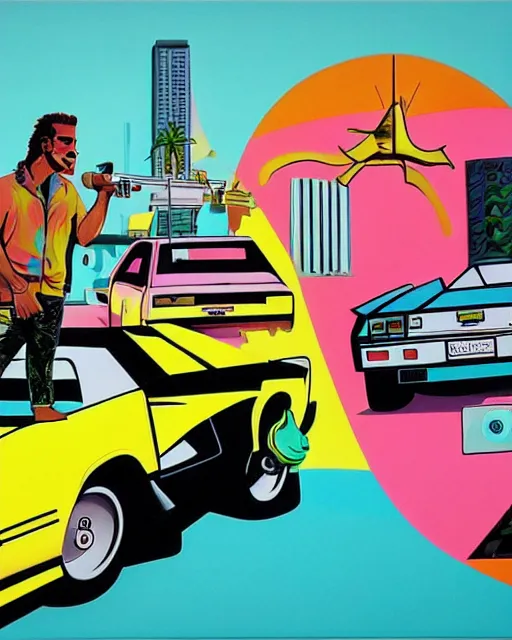 Image similar to Crockett and Tubbs and a white Countach, Miami Vice (1984), in the style of Alex Yanes and John Kricfalusi and Damien Hirst, muted pastel neon color surrealist cubist, tense design, detailed painting, spray art, spatter, collage, isolated on white, juxtapoz magazine, cartoon brew, golden ratio, rule of thirds