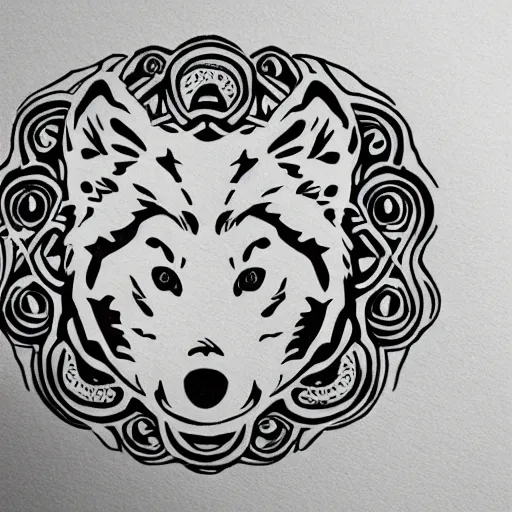 Image similar to tattoo design, stencil, bear, wreath surrounding wolf