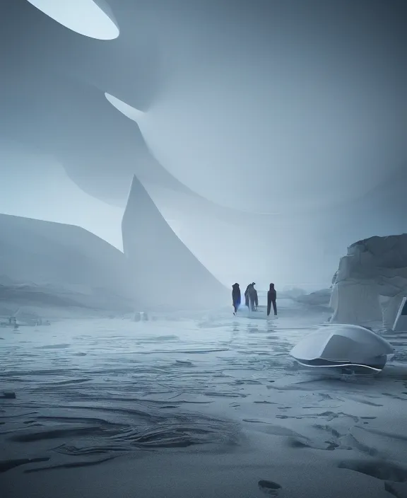 Image similar to surreal covenant deformation in the exploration, futuristic white architecture in the beach in iceland, foggy, highly detailed, digital painting, arstation, concept art, hyperealistic octane render, unreal engine,