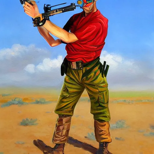 Prompt: a painting of an israeli solidier with sunglasses, a field cap, and a red ascot around his neck throwing a frag in the desert high details