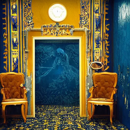 Image similar to a black nightmare in a blue and gold haunted liminal abandoned room, film still by wes anderson, limited color palette, very intricate, art nouveau, highly detailed, strong lights, liminal, eerie, bright pastel colors