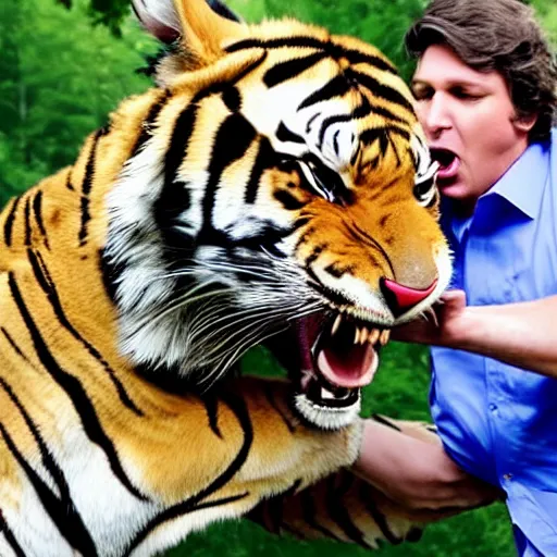 Image similar to a high quality photograph of Tucker Carlson being attacked by a sabertooh tiger, teeth ripping his flesh, he is screaming in agony on the set of Tucker Carlson tonight live on Fox News