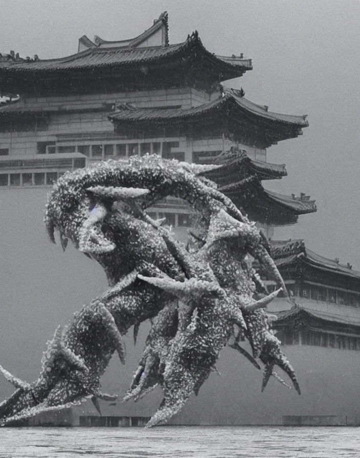 Image similar to a filmstill of a north korean monster movie, kaiju - eiga monster starfish - like trampling a traditional korean palace, foggy, film noir, video compression