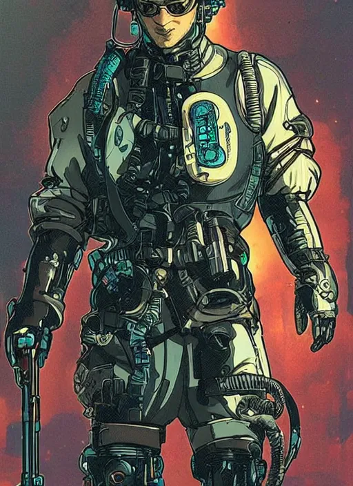 Image similar to cyberpunk deep sea diver. wetsuit. portrait by ashley wood and alphonse mucha and laurie greasley and josan gonzalez and james gurney. splinter cell, apex legends, rb 6 s, hl 2, d & d, cyberpunk 2 0 7 7. realistic face. character clothing. vivid color. dystopian setting.