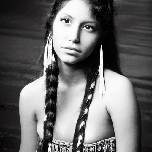 Image similar to clear photo of a beautiful and young female singer of native american descent taken in 1 9 7 6, high quality, highly detailed 7 0 s style photography, long dark hair, elegant pool, trending on pinterest, aesthetically beautiful, elegant, studio photography