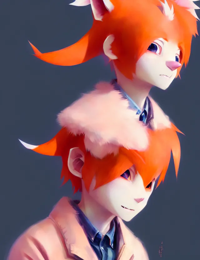 Image similar to a beautiful fullbody portrait of a cute anime boy with orange hair and pink fox ears. character design by cory loftis, fenghua zhong, ryohei hase, ismail inceoglu and ruan jia. artstation, volumetric light, detailed, photorealistic, fantasy, rendered in octane