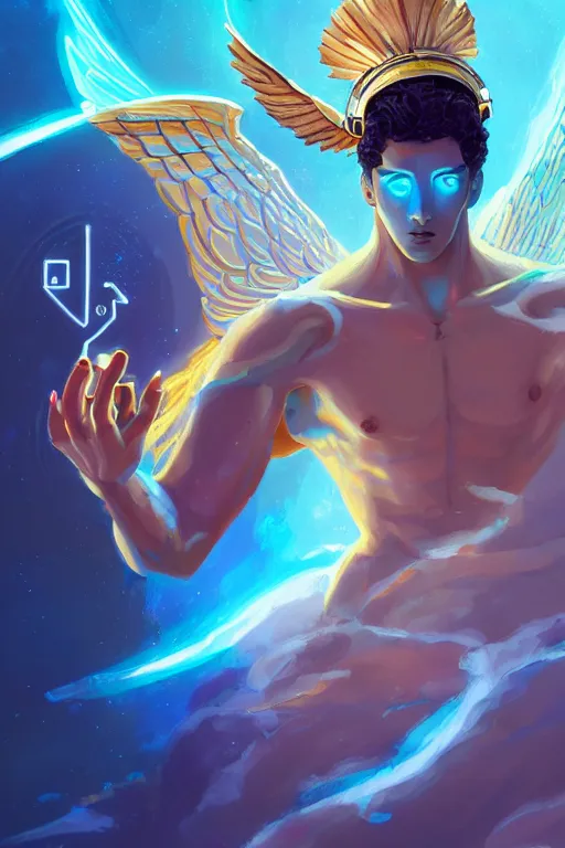 Image similar to highly detailed, dynamic pose, the handsome greek god hermes, wearing winged helmet, giving a glowing laptop computer to humanity, clouds of glowing binary code, digital painting bioluminance alena aenami artworks in 4 k design by lois van baarle by sung choi by john kirby artgerm style pascal blanche and magali villeneuve