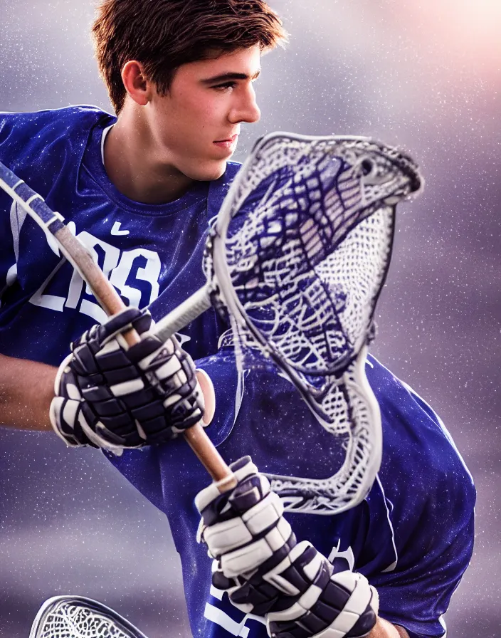 Image similar to closeup portrait of very beautiful cute male lacrosse player in a penn state stadium, glamour pose, particle effects, backlit, highly detailed, soft ambient lighting, sharp focus, rule of thirds, artgerm, wlop, arney freytag, rossdraws, frank frazetta, andrei riabovitchev, hd, octane, 4 k