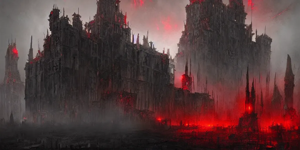 Image similar to grimdark chaos fortress, ruined, terrifying architecture, looming, dark, fog, atmospheric red lighting, flying chaos creatures, dark souls, hyperrealistic, art by sparth