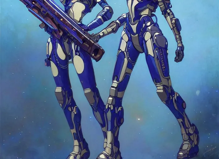 Image similar to character design digital 2 d women indian evangelion cyborg blue armor with and hologram galaxie gun by gaston bussiere, anna nikonova aka newmilky, greg rutkowski, yoji shinkawa, yoshitaka amano, tsutomu nihei, muira, moebius, donato giancola, trending on artstation, featured on pixiv