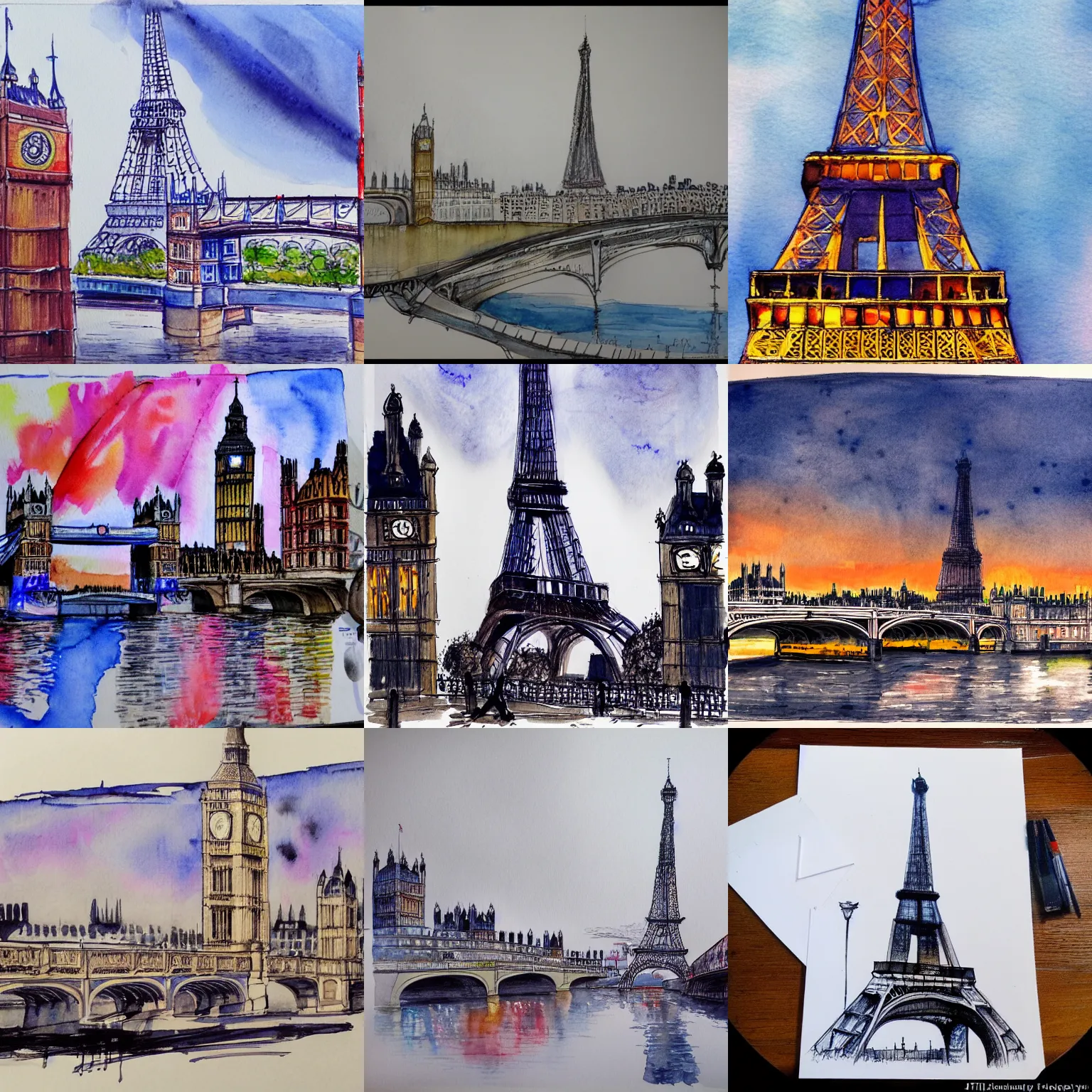 Prompt: the eiffel tower in london, big ben and houses of parliament and tower bridge in the background, watercolor with ink drawing, trending on art station, highly detailed, dramatic lighting