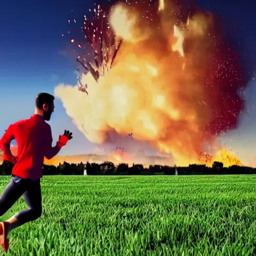 Image similar to cctv footage of a man running across a field, in the background is a large explosion, highly detailed, very realistic.