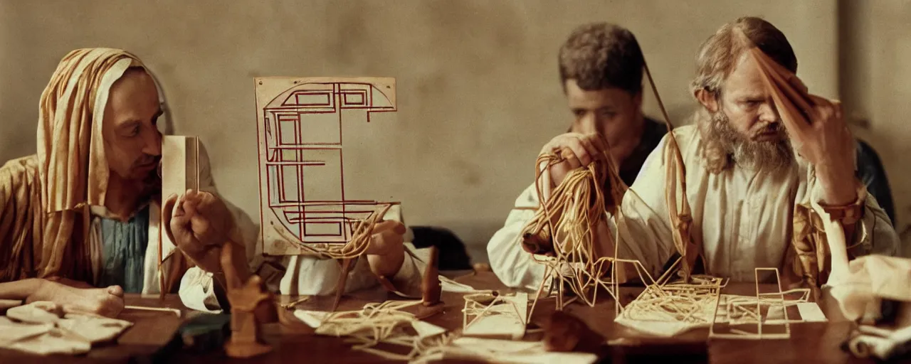 Image similar to ancient greek mathematician discovering geometry with spaghetti kodachrome, in the style of wes anderson, retro