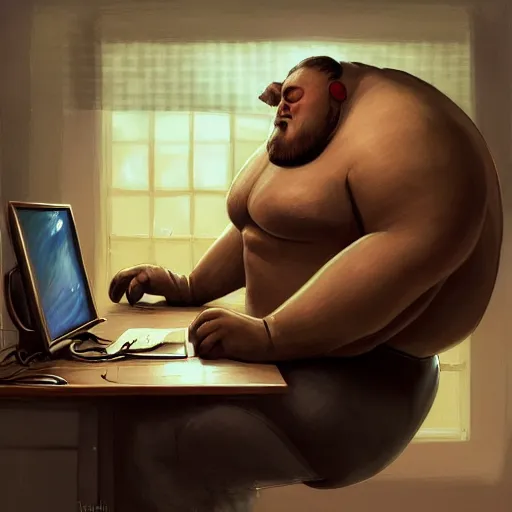 Image similar to a insanely detailed painting of a slightly overweight man wearing a homemade superhero costumed, sitting at a computer desk, nervously and clicking on the mouse, in the style of peter mohrbacher, dramatic lighting and composition, trending on artstation, concept art, comic book, graphic novel