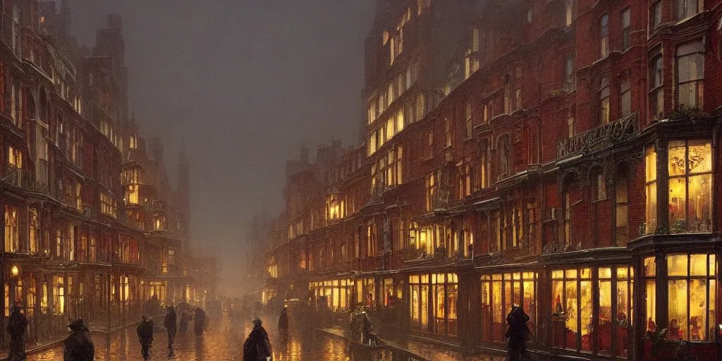 Image similar to Victorian city street with balconies and plants on a Christmas winter in London, evening, low angle view, detailed matte painting, cinematic, John Atkinson Grimshaw, Artstation