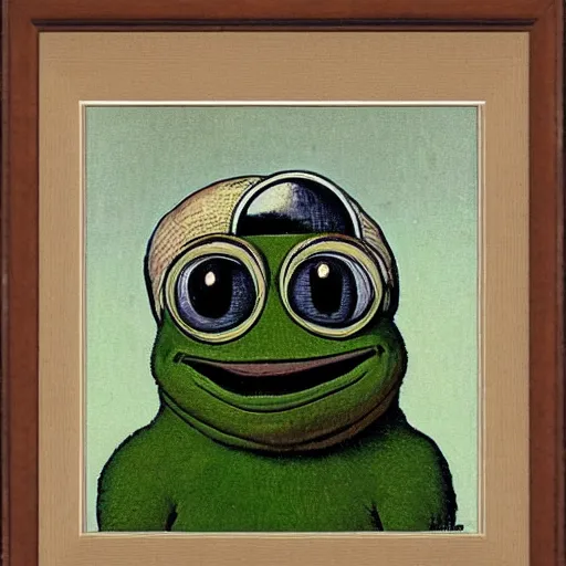 Image similar to pepe the frog gazing at the moon by norman rockwell