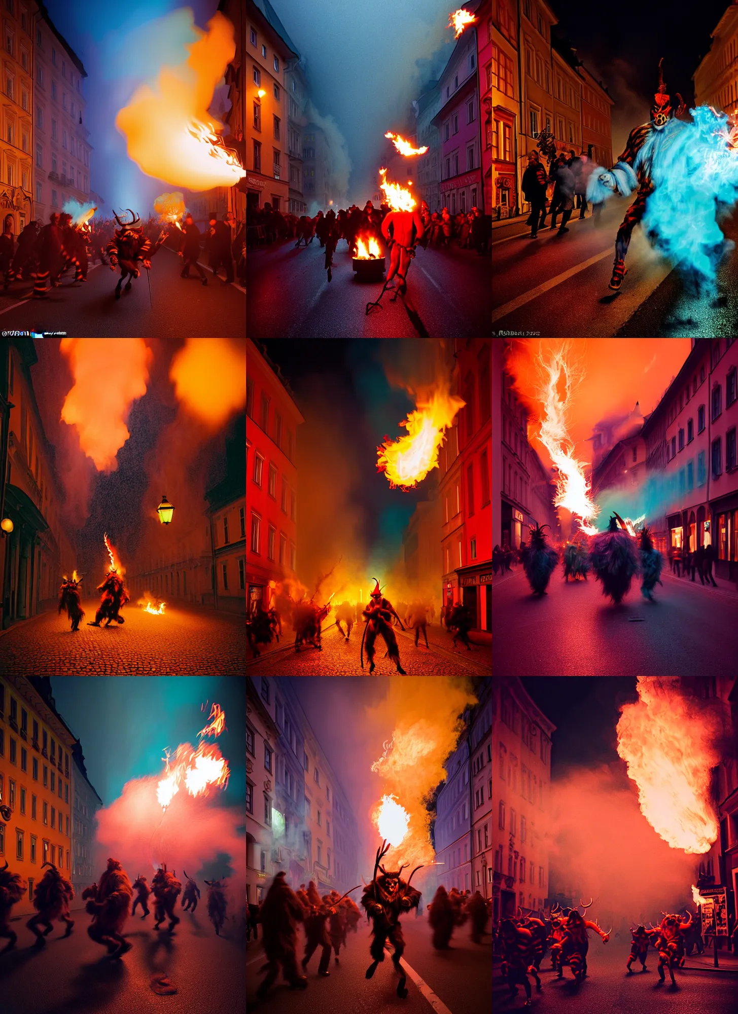 Prompt: kodak portra 4 0 0, award winning dynamic vivid atmospheric photograph of hundreds of hazardous krampus, pelzebug, devils, by robert capas, in muted colours, striped orange and teal, motion blur, on a street in salzburg at night with colourful exploding pyro fire and torches, running fast towards the camera