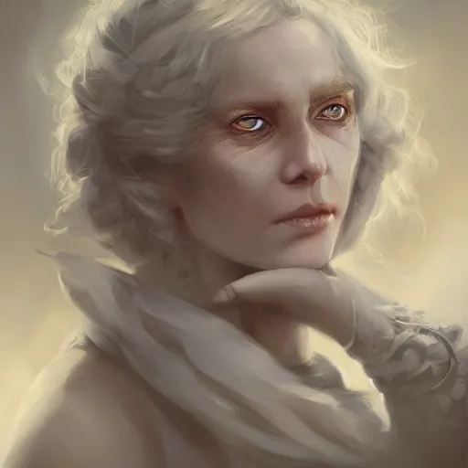 Image similar to a detailed matte head - on portrait painting of an middle - aged half - tiefling noblewoman with golden eyes and short well kept hair, by charlie bowater, lise deharme, wlop, tending on arstation, dungeons and dragon, dnd, pathfinder, fanart, oil on canvas