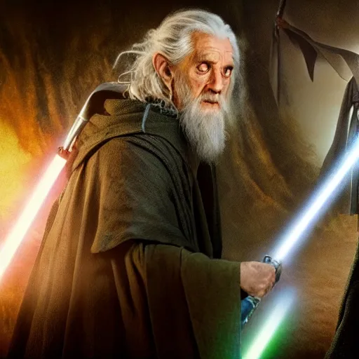 Prompt: frodo and gandalf as jedi master, dramatic lighting,