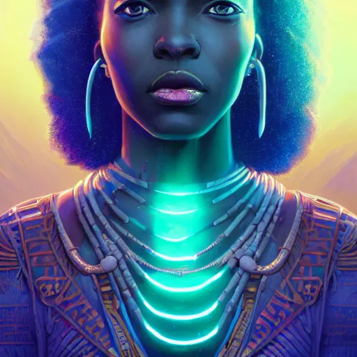 Image similar to highly detailed portrait of an african neon egyptian goddess, intricate alien technology, stephen bliss, unreal engine, fantasy art by greg rutkowski, loish, rhads, ferdinand knab, makoto shinkai and lois van baarle, ilya kuvshinov, rossdraws, tom bagshaw, global illumination, radiant light, detailed and intricate environment