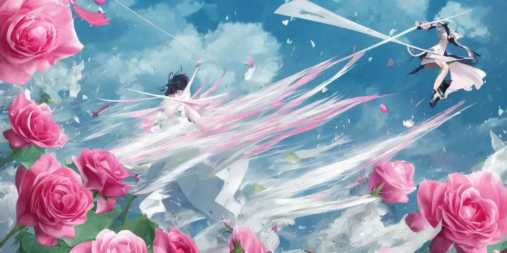 Prompt: flying longswords flowing slicing through a bouquet of white and pink roses, flowers exploding and spraying, big puffy clouds, sharp rain, large rose petals, lotus petals, large polygonal background elements, large polygons, dramatic anime, dramatic lighting, artgerm, manga, trending on artstation, art nouveau, mature colors