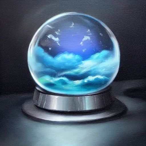 Prompt: a rainstorm inside a snowglobe. Beautiful colorful clouds in moody greys and blues. High quality award winning detailed!!! oil painting, trending on artstation