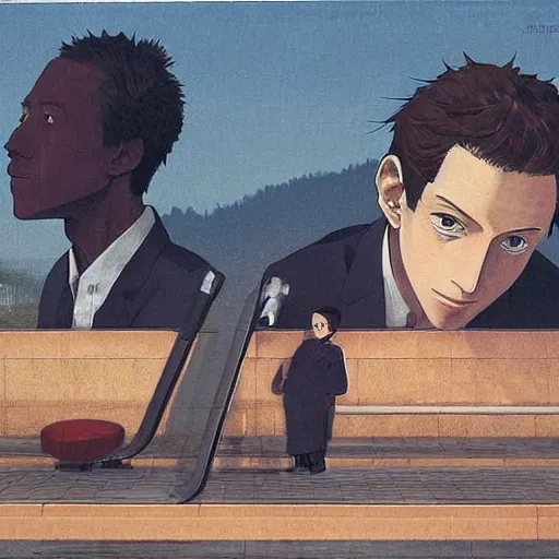 Prompt: anime joseph goebbels and mark zuckerberg by hasui kawase by richard schmid