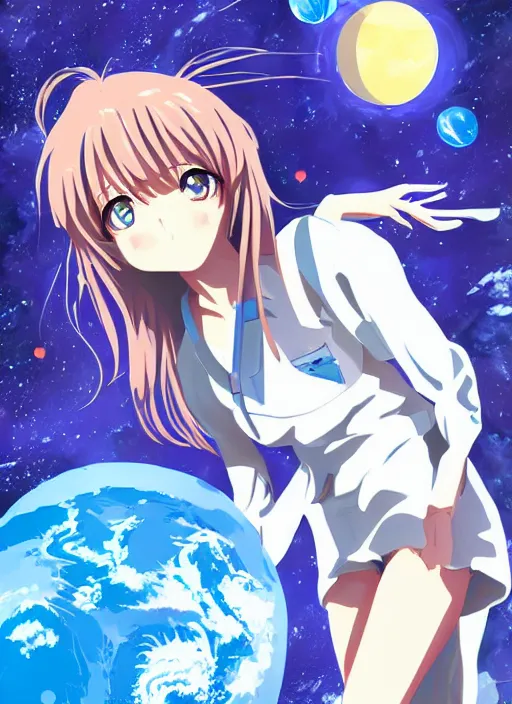 Prompt: an anime in outer space holding a small blue planet in her hands, no other planets, digital art, anime