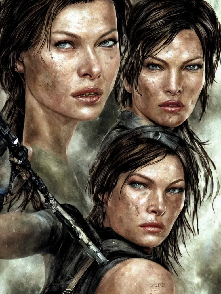 Image similar to close up potrait of Mila Jovovich face as tomb raider