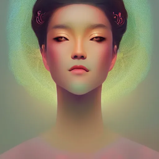 Image similar to a portrait of a very beautiful goddess with halo behind her head, looking in front, in the style of WLOP and Hsiao-Ron Cheng and Ross Tran