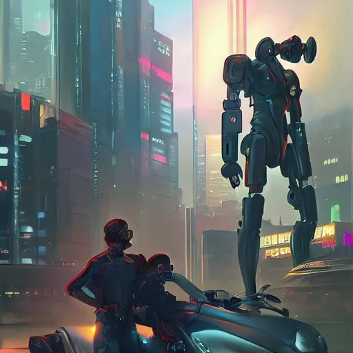 Image similar to cyberpunk police robot fantasy, art gta 5 cover, official fanart behance hd artstation by jesper ejsing, by rhads, makoto shinkai and lois van baarle, ilya kuvshinov, ossdraws