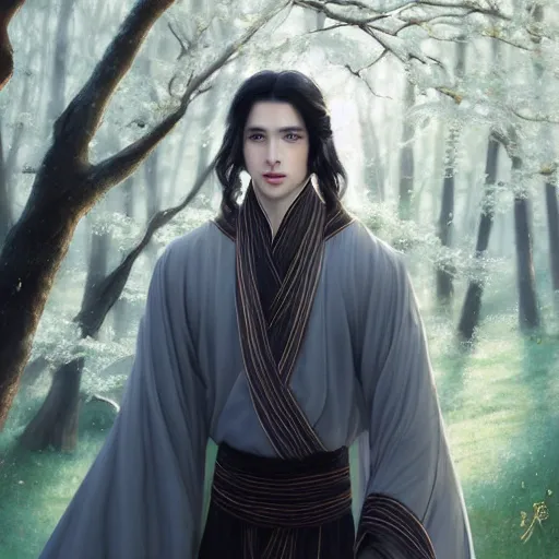 Image similar to a portrait of a young beautiful prince, golden eyes, long black hair, white hanfu, elegant, intricate, backlit, incredible lighting, strong rim light, subsurface scattering, photorealistic, epic beautiful landscape, cherry trees, highly detailed, digital painting, by Heise Jinyao, Heise-Lian Yan Fang, Feimo, Rossdraws, Sakimichan, HDRI, vivid colors, high contrast, 8k
