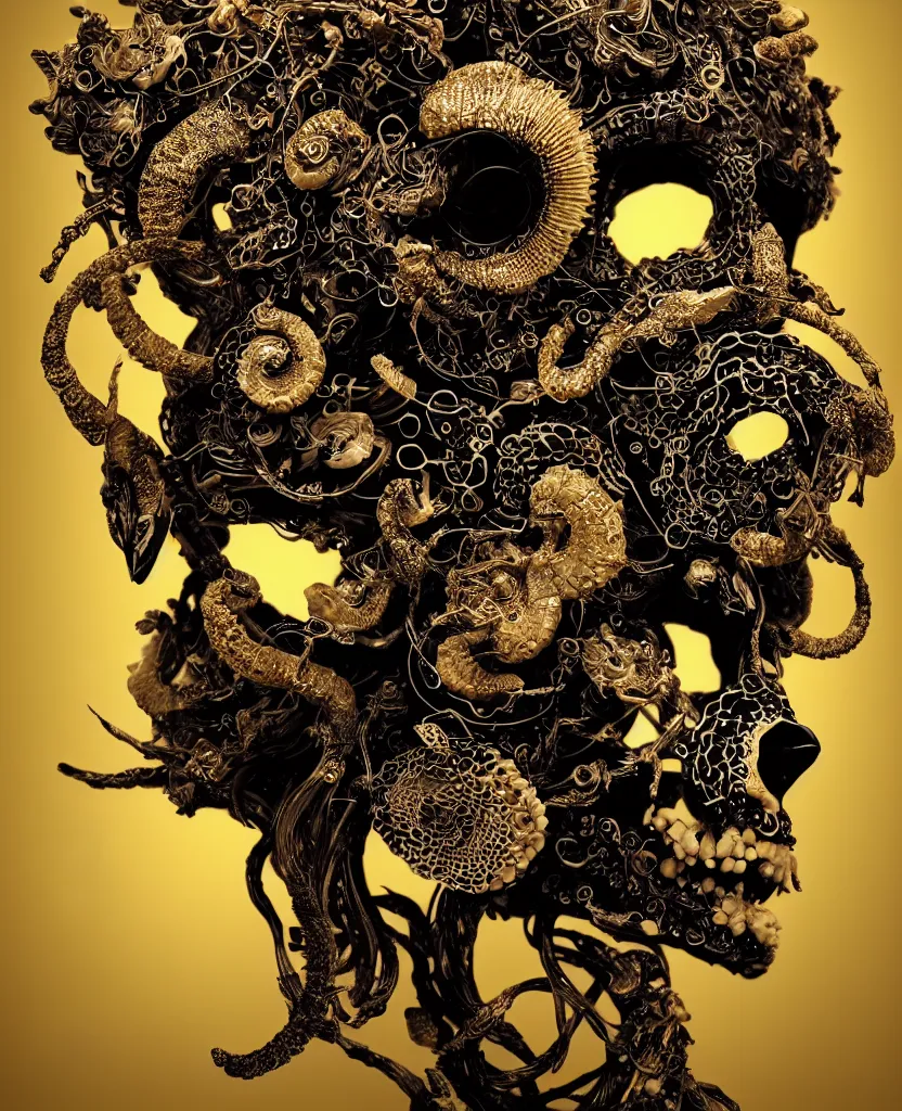 Image similar to goddess princess face close-up portrait ram skull. sculpture made of black clay and gold. jellyfish phoenix head, nautilus, orchid, skull, betta fish, bioluminiscent creatures, intricate artwork by Tooth Wu and wlop and beeple. octane render, trending on artstation, greg rutkowski very coherent symmetrical artwork. cinematic, hyper realism, high detail, octane render, 8k