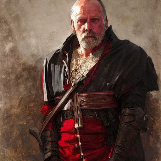 Image similar to Solomon Joseph Solomon and Richard Schmid and Jeremy Lipking victorian genre painting portrait painting of a old rugged movie actor medieval knight character in fantasy costume, red background
