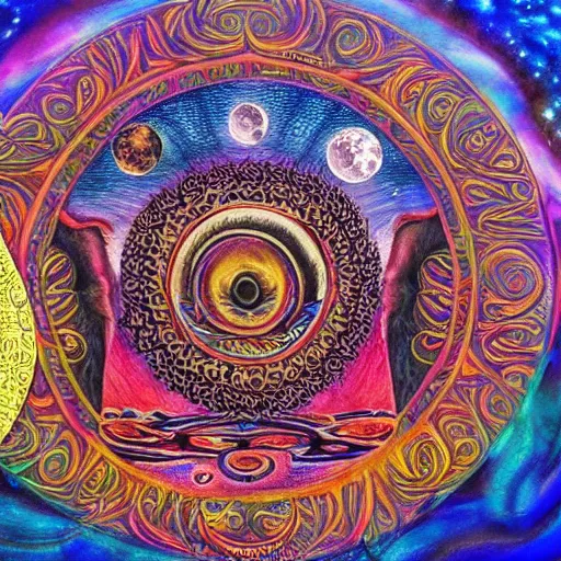 Prompt: visionary art, shamanic dream, ayahuasca ceremony, meditating man in the center, giant snake with golden letters on its scales flying around the man, many layers of reality overlapping, spirit entitiy watching from above, total lunar eclipse, peaceful scenery