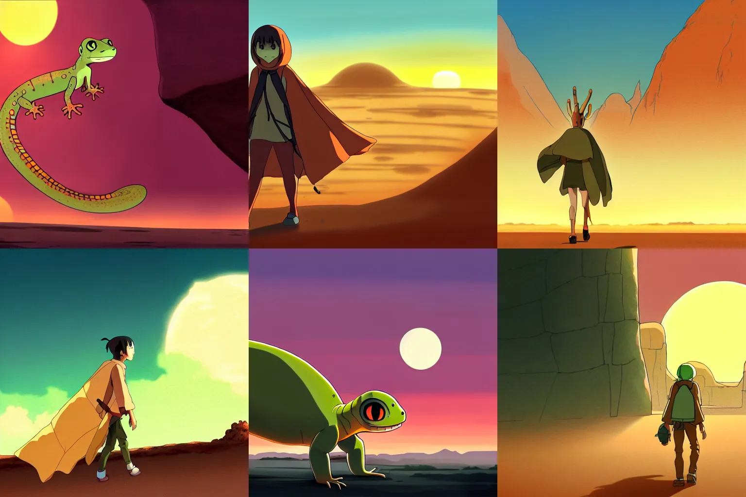 Prompt: anime anthro gecko, large friendly eyes, walking, wearing desert poncho, concept art, character illustration, sunset, deserted planet, by studio ghibli.