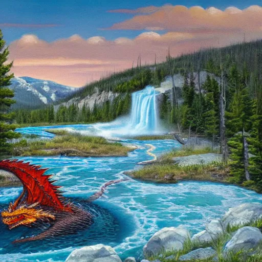 Image similar to highly detailed oil painting of a dragon resting in a hotspring at yellowstone national park, featured on artstation