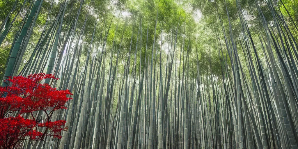 Image similar to Ancient city, Japanese architecture, city is surrounded by tall bamboo, in a bamboo forest, on a mountain, the weather is mist, red leaf trees and bamboo, ultra realistic, detailed, 4k