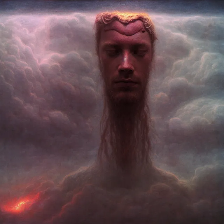 Prompt: asgardian god of thunder, covered with lightning by beksinski, psychedelic trippy visionary art, soft bloom lucid dream - like atmosphere, baroque painting, perfect composition, detailed octane render trending on artstation, 8 k artistic photography, volumetric cinematic perfect light, chiaroscuro, masterpiece, raphael, caravaggio, beksinski, rutkowski, beeple