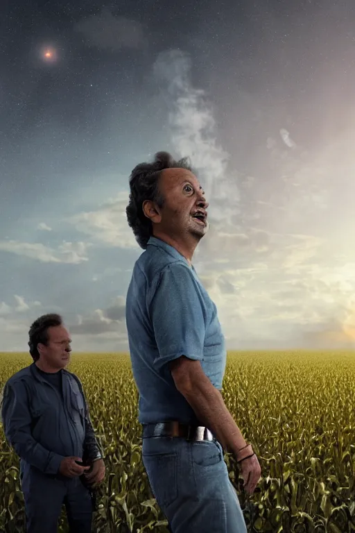 Image similar to Giorgio A. Tsoukalos abducted by aliens in a corn field,photo realistic,sci-fi,mistery,8k,unreal engine,octane render