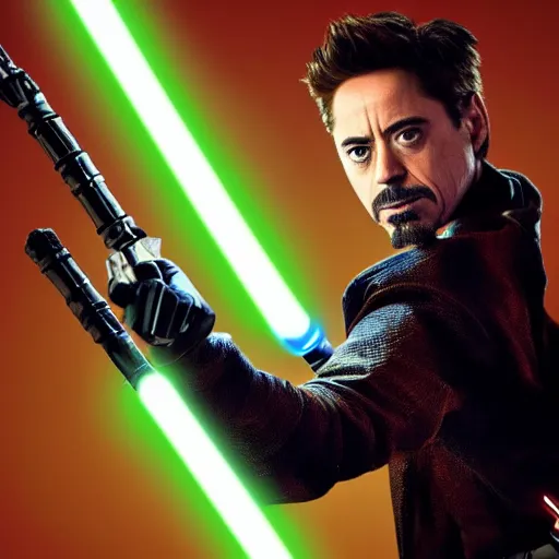 Image similar to Robert Downey Jr holding a lightsaber dramatically, 4k, very detailed, backlit