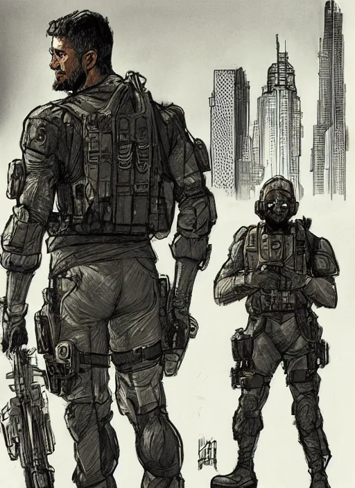 Image similar to Hector. USN special forces operator looking at city skyline. Agent wearing Futuristic stealth suit. rb6s, MGS, and splinter cell Concept art by James Gurney, Alphonso Mucha.