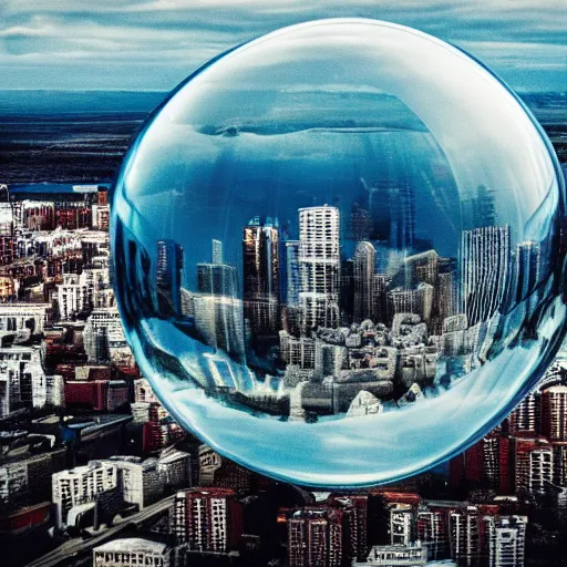 Prompt: huge city inside a water bubble, via tilt shift photography